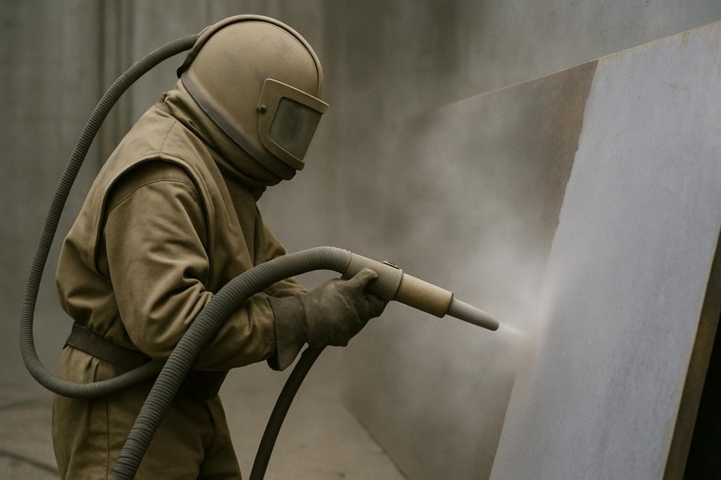 A person in a suit sandblasting